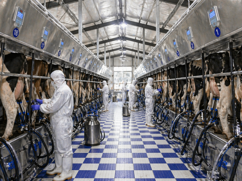 Parallel milking parlor with Holstein cows standing side-by-side and operator working in the central pit