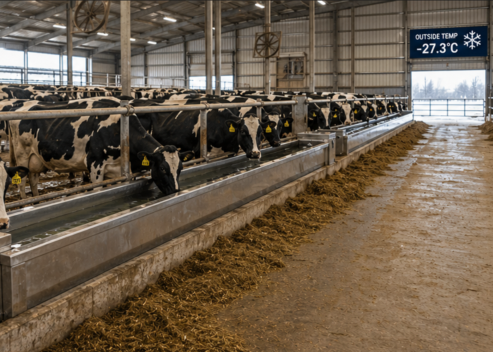 Heated water troughs in Alberta dairy barn