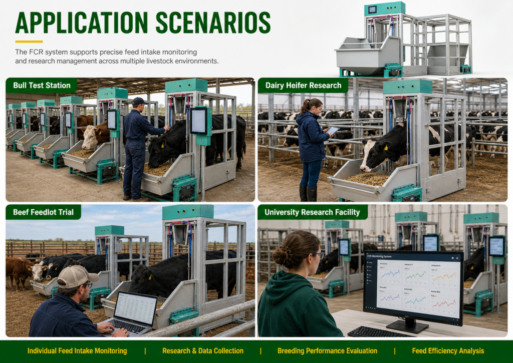 FCR monitoring system used in bull test station, dairy heifer research, beef feedlot trial, and university livestock research facility