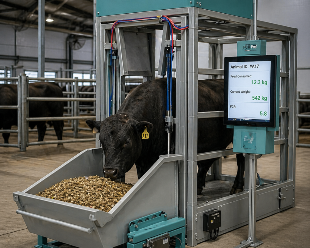 Infographic showing feed intake and cattle weight gain comparing high and low feed conversion ratio efficiency
