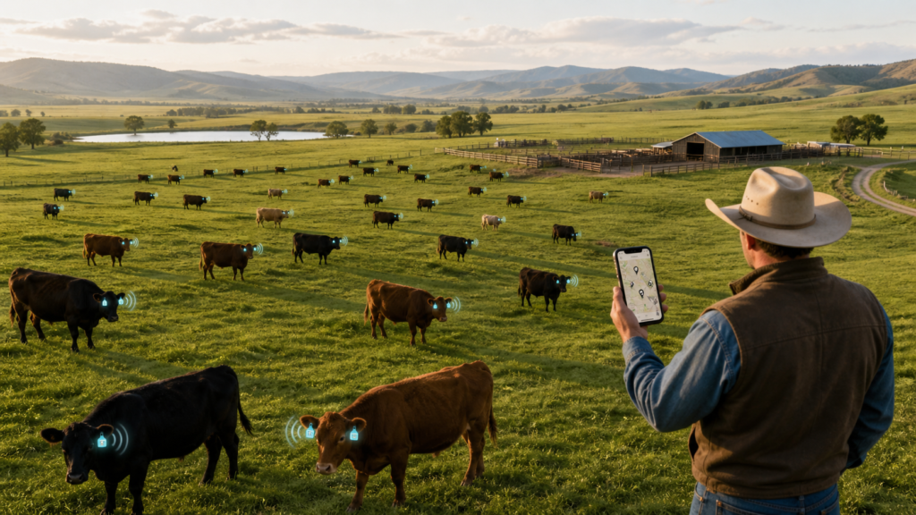 Cattle grazing on a large pasture with GPS ear tags and a rancher checking herd locations on a tablet