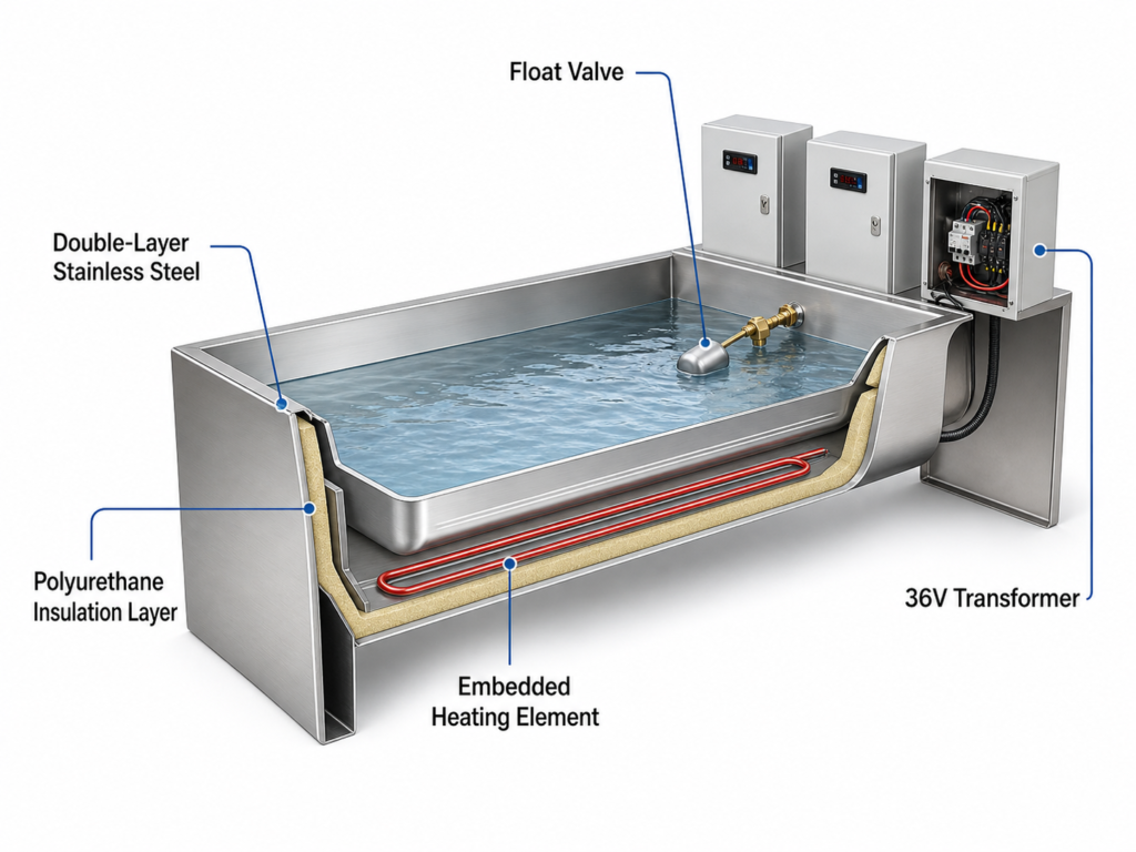 	Cutaway diagram of a heated livestock water trough showing double-layer stainless steel polyurethane insulation embedded heating element and float valve