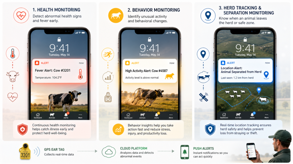 Three smartphone screens showing livestock GPS ear tag alerts for fever detection heat detection and animal separation