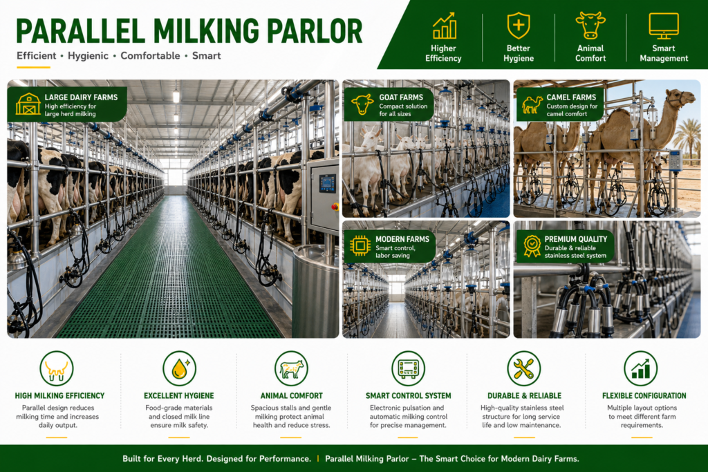 Parallel milking parlor used for dairy cattle, goats, sheep, and camels in four different farm settings
