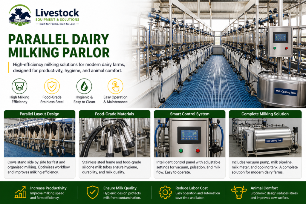 Parallel milking parlor system layout showing cow platform, operator pit, stainless steel milk pipeline, milk meters, and bulk cooling tank