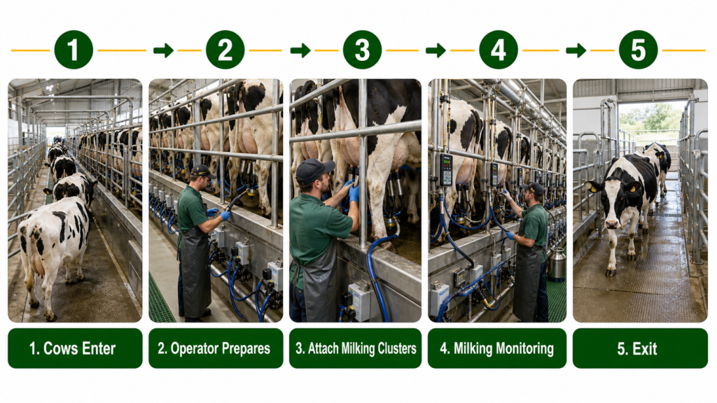 How a parallel milking parlor works in 5 steps from cow entry to batch exit