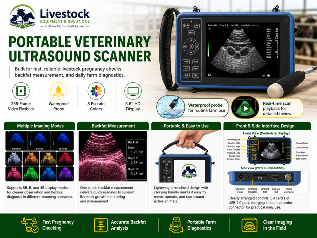Portable cattle ultrasound scanner with labeled parts including IPX7 waterproof probe, 256 grayscale LCD screen, and measurement controls