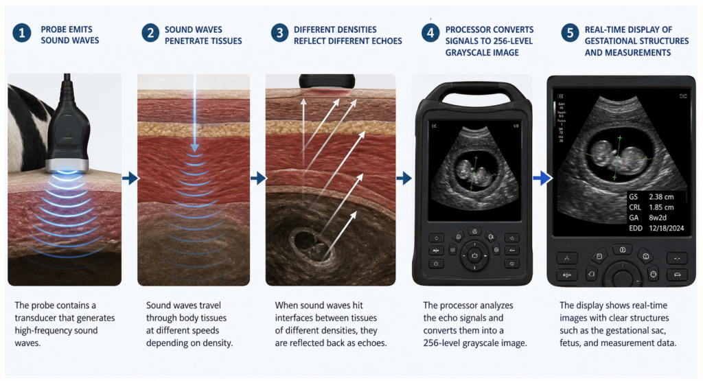 How a portable veterinary ultrasound scanner works showing probe sound waves tissue reflection 256 grayscale image and gestational sac measurement