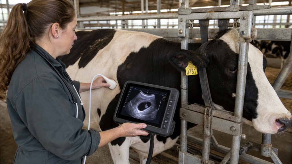 Veterinarian using a portable ultrasound scanner on a Holstein cow in a headlock inside a dairy barn