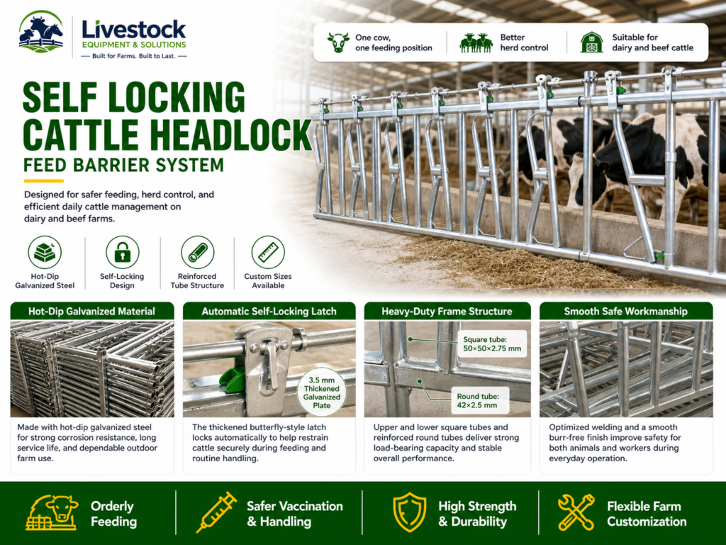 Self-locking cattle headlock diagram showing galvanized steel frame, butterfly locking mechanism, and central release rod