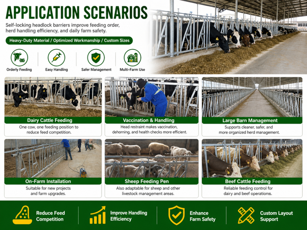 Self-locking cattle headlocks installed in dairy barn, beef feedlot, veterinary clinic, and calf barn