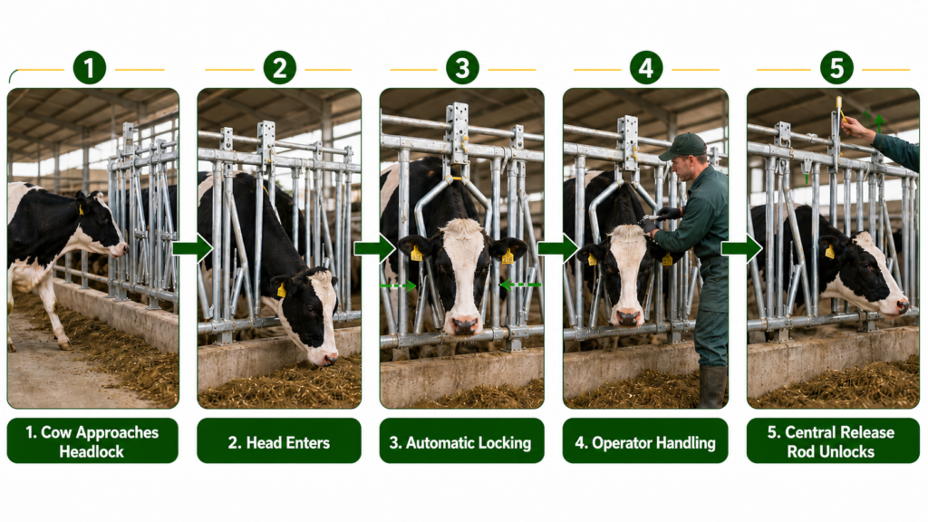 How a self-locking cattle headlock works in 5 steps from cattle approach to automatic lock to central release