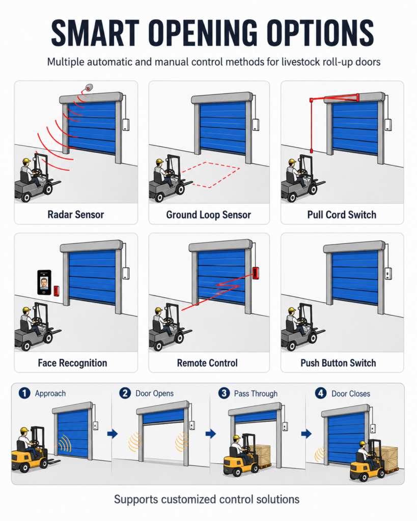 Automatic roll-up door control methods including radar sensor loop sensor pull rope remote control and button switch