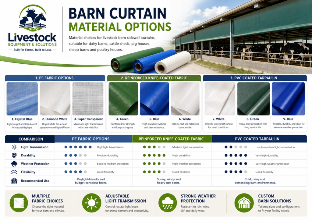 Barn curtain fabric material options including PE fabric reinforced knife coated fabric and PVC coated tarpaulin