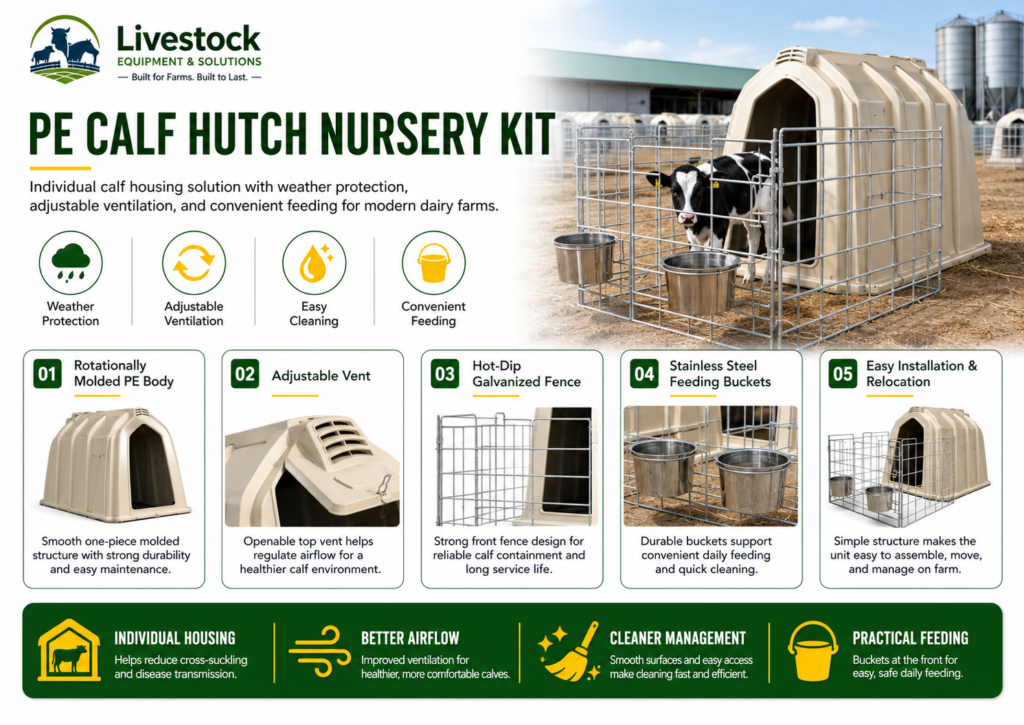 Calf hutch features with molded body rear vent galvanized fence and feeding bucket