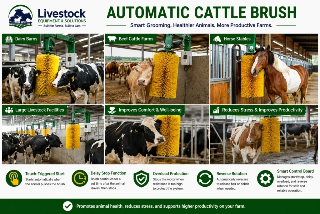 Cattle brush used in dairy barn and beef cattle shed for grooming scratching and comfort