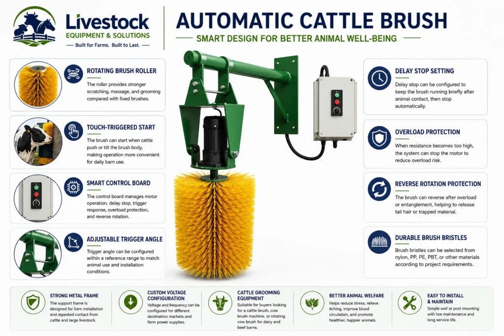 Cattle brush features with rotating brush roller smart control overload protection and cattle comfort grooming