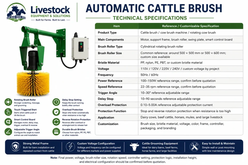 Cattle brush specifications with motor roller smart controller trigger angle delay stop and overload protection