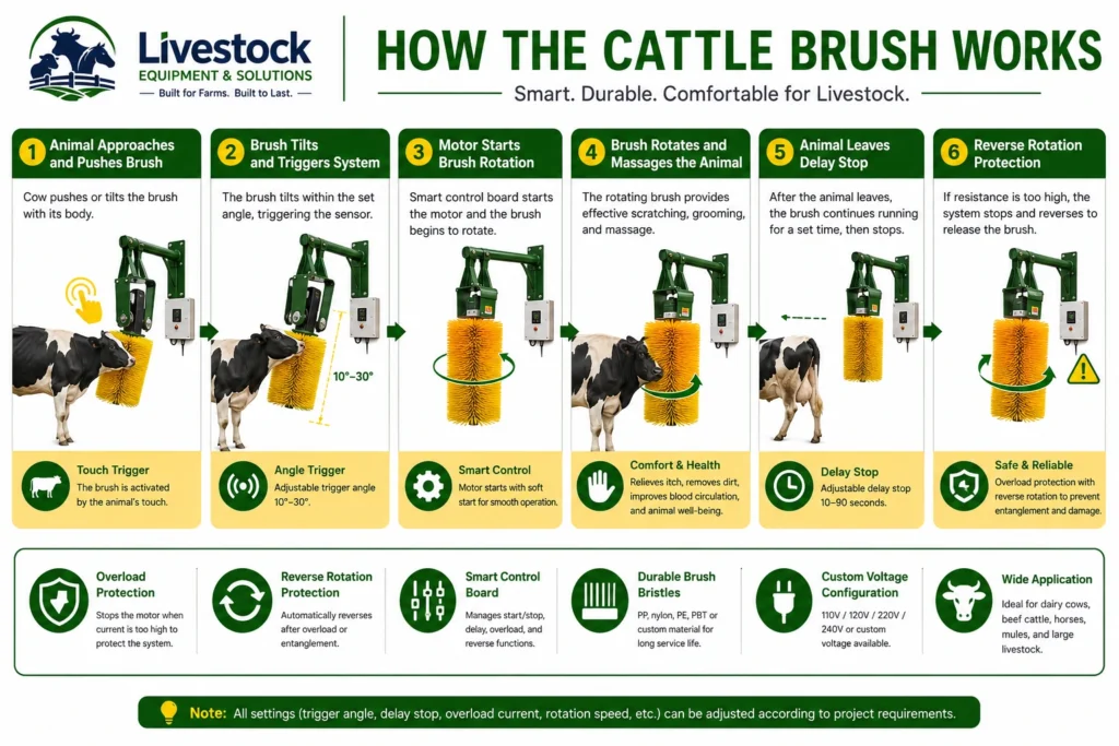 Cattle brush working principle with touch trigger rotating roller delay stop overload and reverse protection
