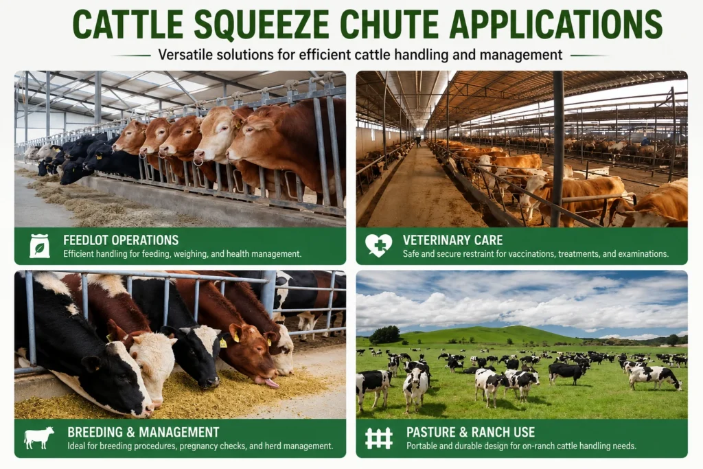 Cattle squeeze chute used for weighing vaccination ear tagging veterinary treatment and herd management on cattle farms