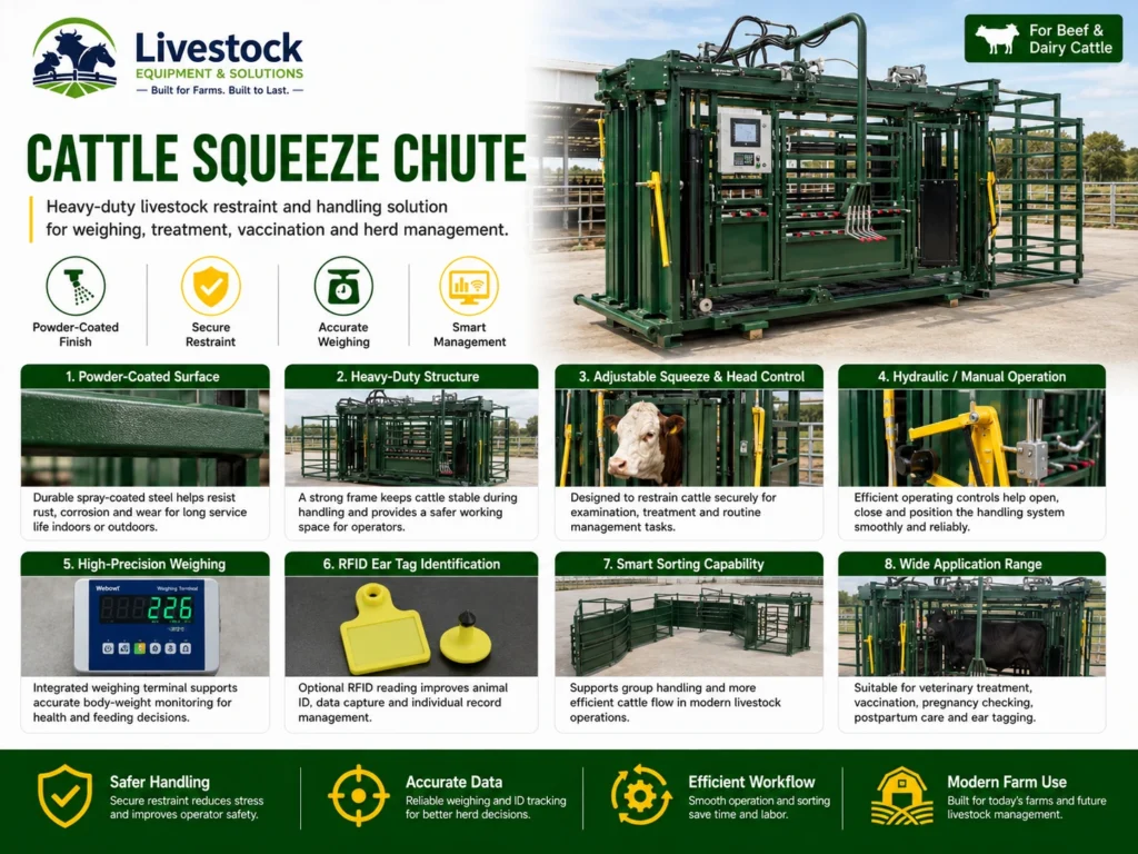 Cattle squeeze chute features with hydraulic restraint 4 load cells adjustable squeeze width powder coating and drafting gate support