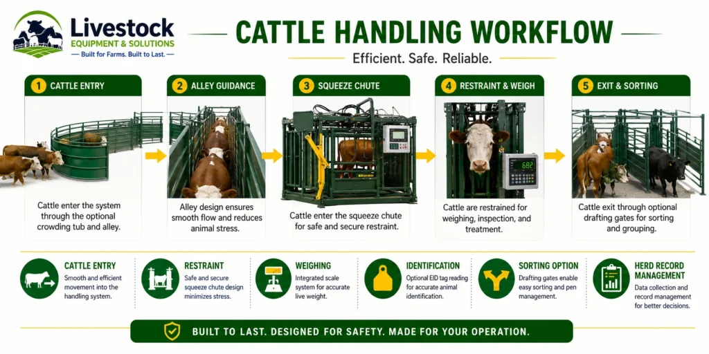 Cattle handling workflow with squeeze chute weighing system optional RFID identification and three way drafting gates