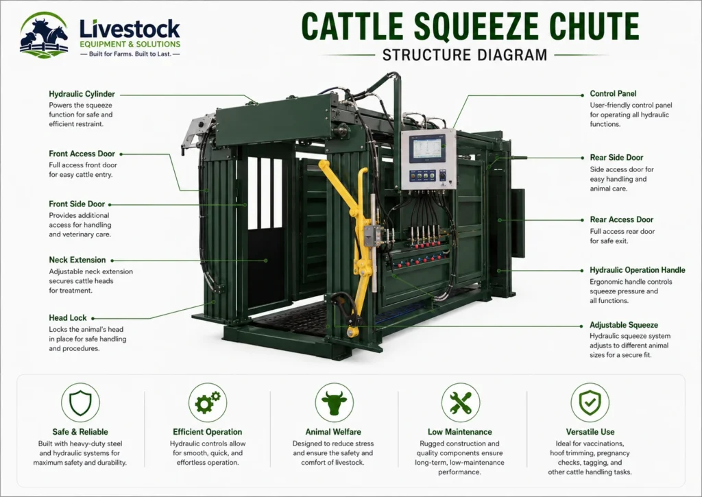 Cattle squeeze chute specifications with 3500x1400x2400 mm size 4 load cells 190-750 mm squeeze width and powder coating