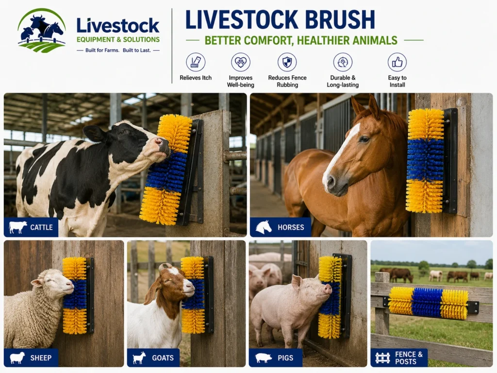 Cow brush used in cattle barns horse stables sheep sheds goat pens and pig houses