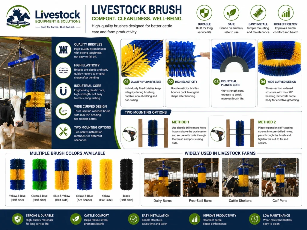 Cow brush features with nylon bristles flexible design wall mounting and multiple animal use