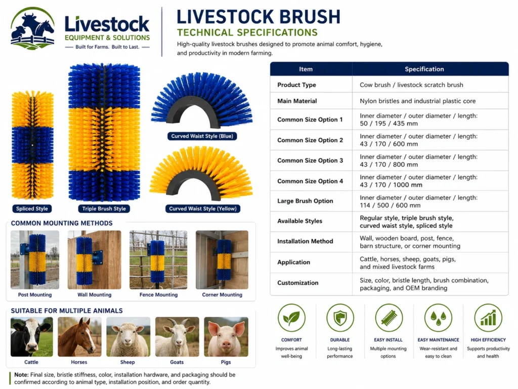 Cow brush specifications with nylon bristles industrial plastic core multiple sizes and custom options