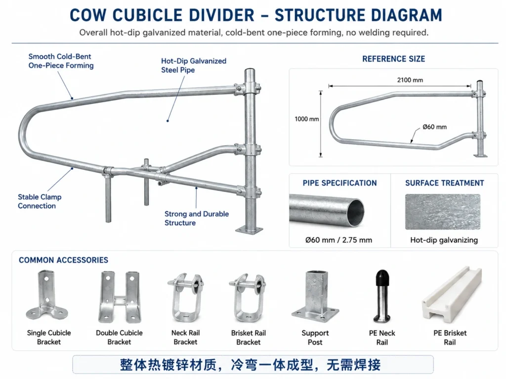 Cow cubicle brackets and accessories including single bracket double bracket neck rail bracket and PE rails