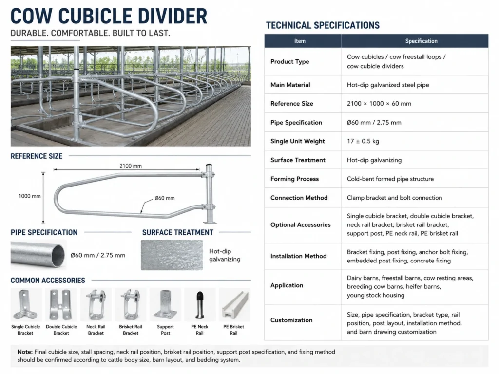 Cow cubicle divider specifications with 2100x1000x60 mm size 60 mm pipe 2.75 mm wall thickness and brackets