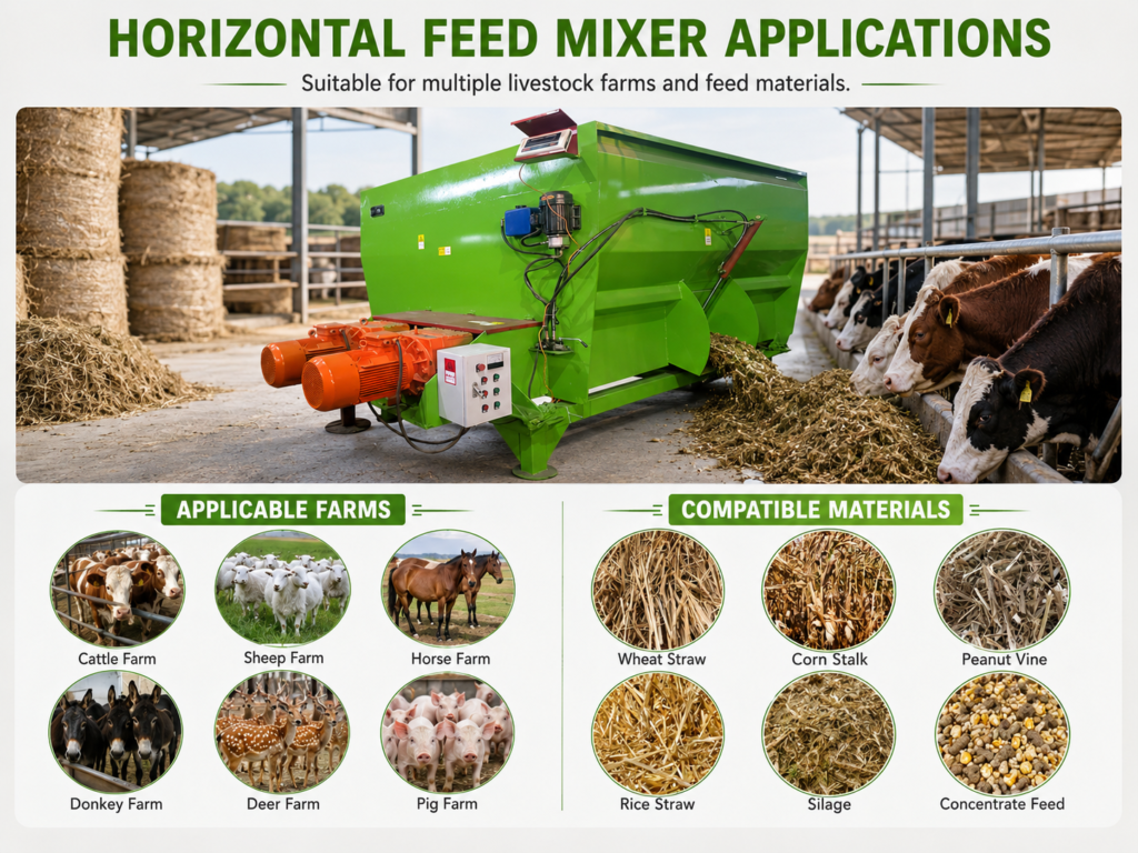 Horizontal feed mixer used for TMR ration preparation in cattle and sheep farm feed processing area