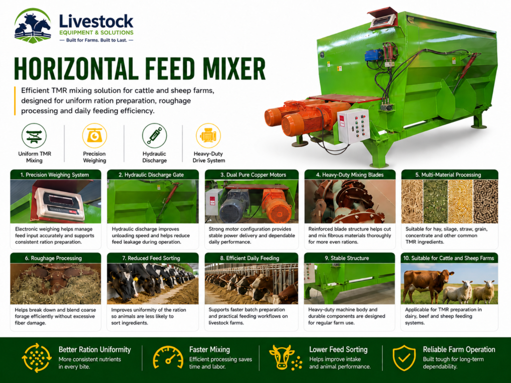 Horizontal feed mixer features including twin shaft mixing hydraulic discharge electronic weighing dual motors and thickened blades