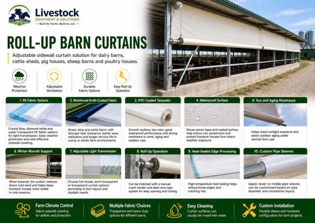 Livestock barn curtains features including waterproof fabric sun resistance ventilation and custom sizing