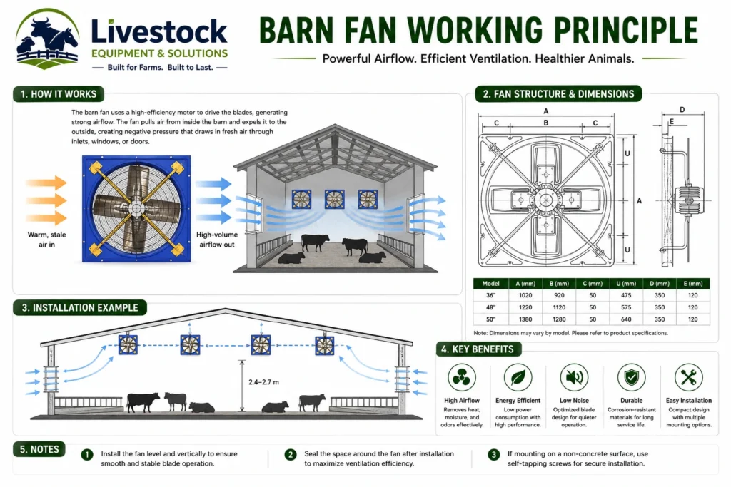 Livestock fan working principle for cattle barns horse stalls heat removal and barn air circulation