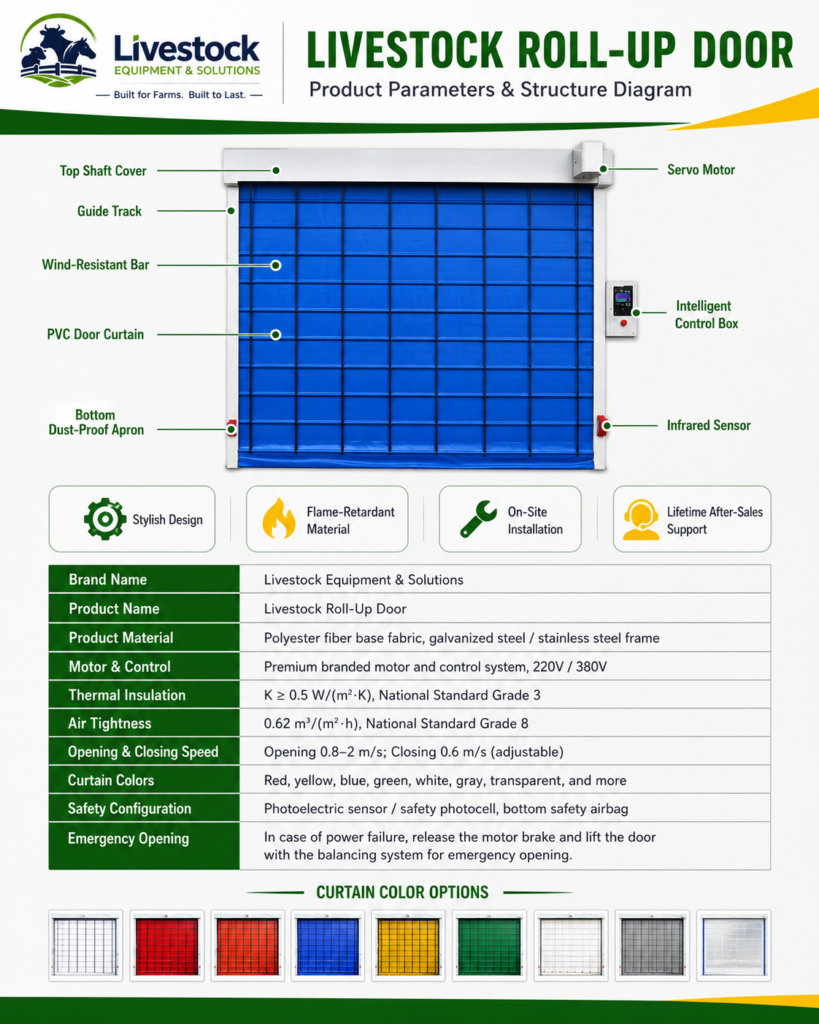 Livestock roll-up door components including PVC curtain guide rail wind resistant bar servo motor and safety sensors