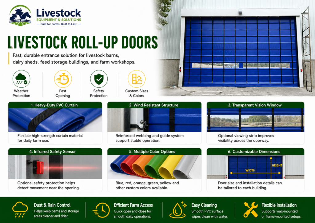 Livestock roll-up doors with fast opening safety sensors wind resistant bars and custom colors