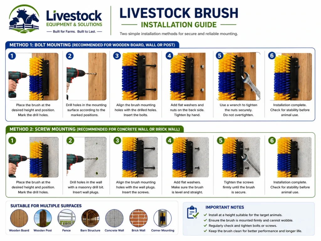 Livestock scratch brush installation on wall board fence post and barn corner