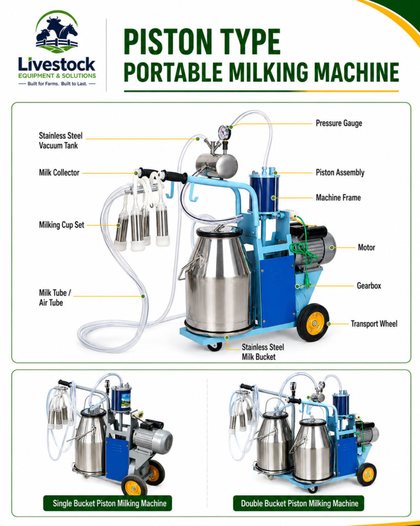 Piston milking machine components including piston pump vacuum gauge air tank teat cups milk claw and stainless steel bucket