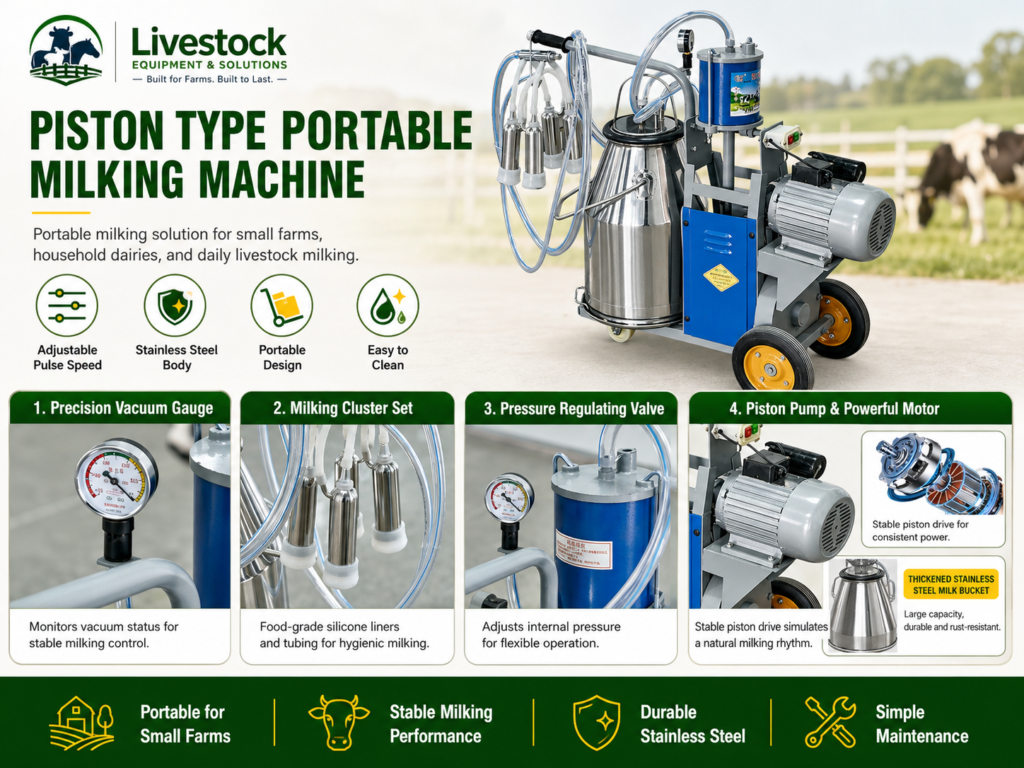 Piston type portable milking machine features with Type I Type II vacuum gauge air tank and stainless steel milk bucket