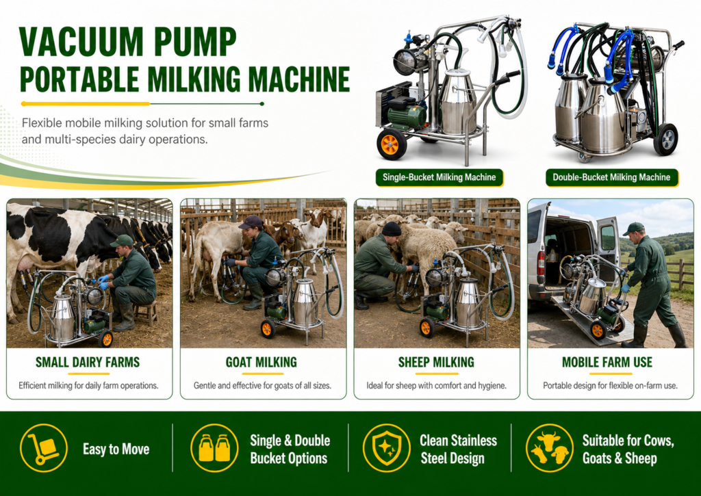 Portable cow and goat milking machine used in a small dairy farm barn