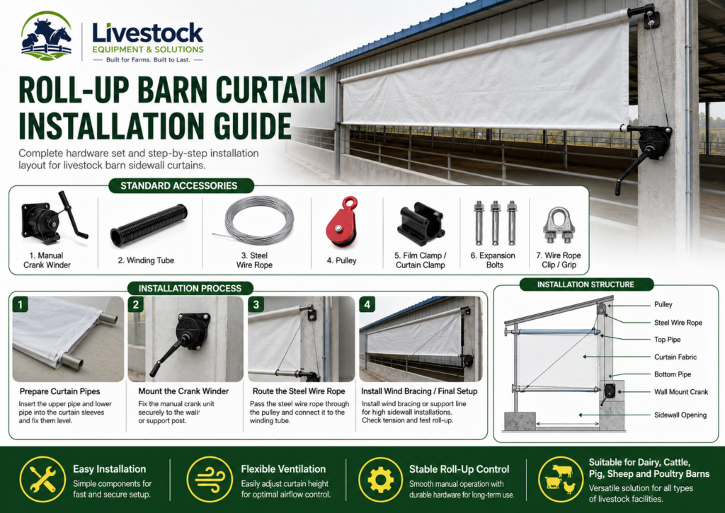 Roll up barn curtain installation parts with manual crank winder steel wire rope pulley and windproof line