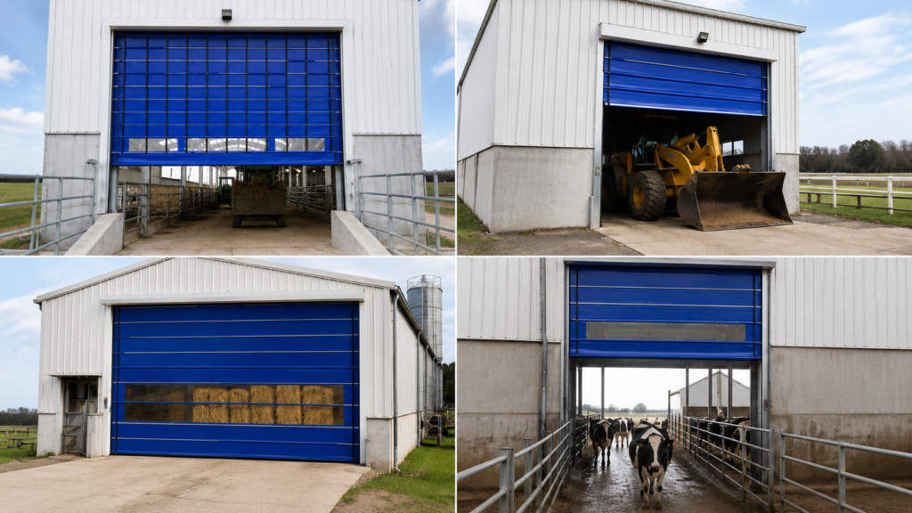 Roll-up doors for livestock buildings dairy barns feed storage and farm machinery entrances