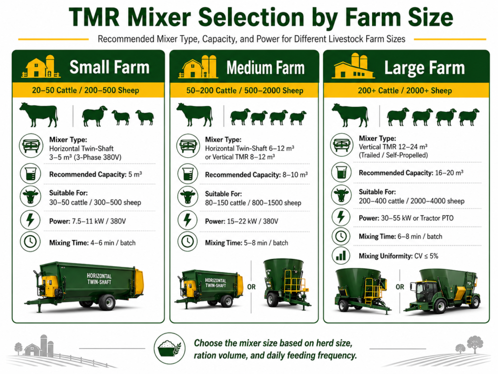 TMR mixer selection by farm size showing recommended capacity power and batch time for cattle and sheep farms