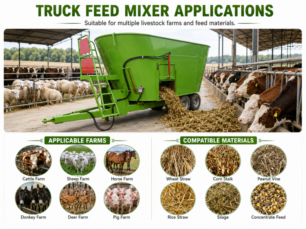 Truck feed mixer used for mobile TMR feeding along cattle feed alley on dairy farm