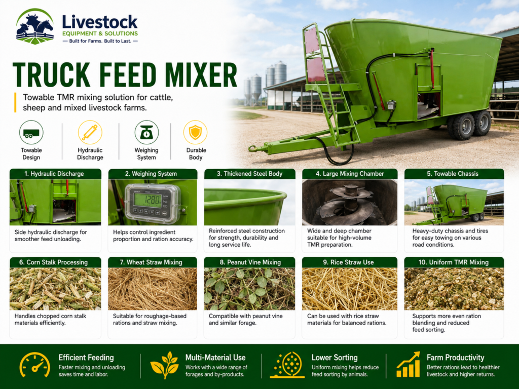Truck feed mixer features including tractor towing vertical auger weighing system hydraulic discharge and reinforced body
