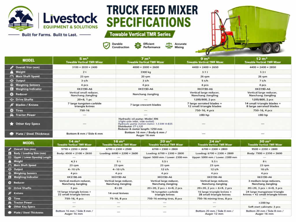 Truck feed mixer specifications showing 5 to 30 cubic meter models tractor power weighing system tires productivity and plate thickness