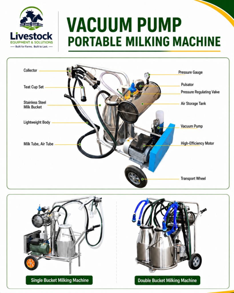 Vacuum pump milking machine components including pulsator teat cups milk claw silicone tube and stainless steel bucket