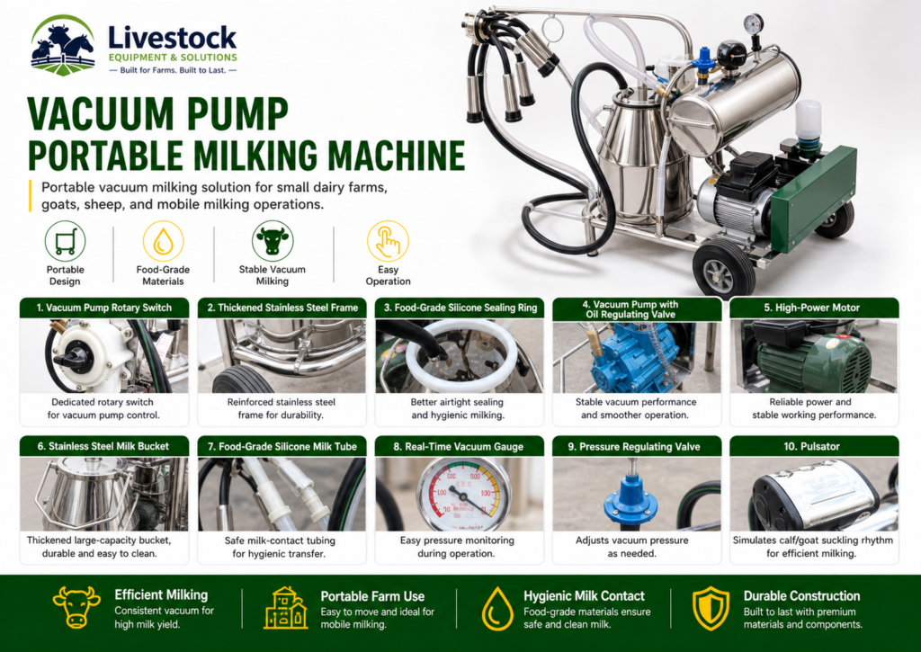 Vacuum pump portable milking machine with stainless steel milk bucket for cows goats and sheep